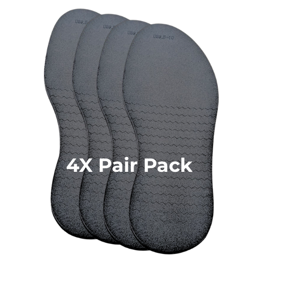 Four pairs of black outsoles with '4X Pair Pack' text on a white background