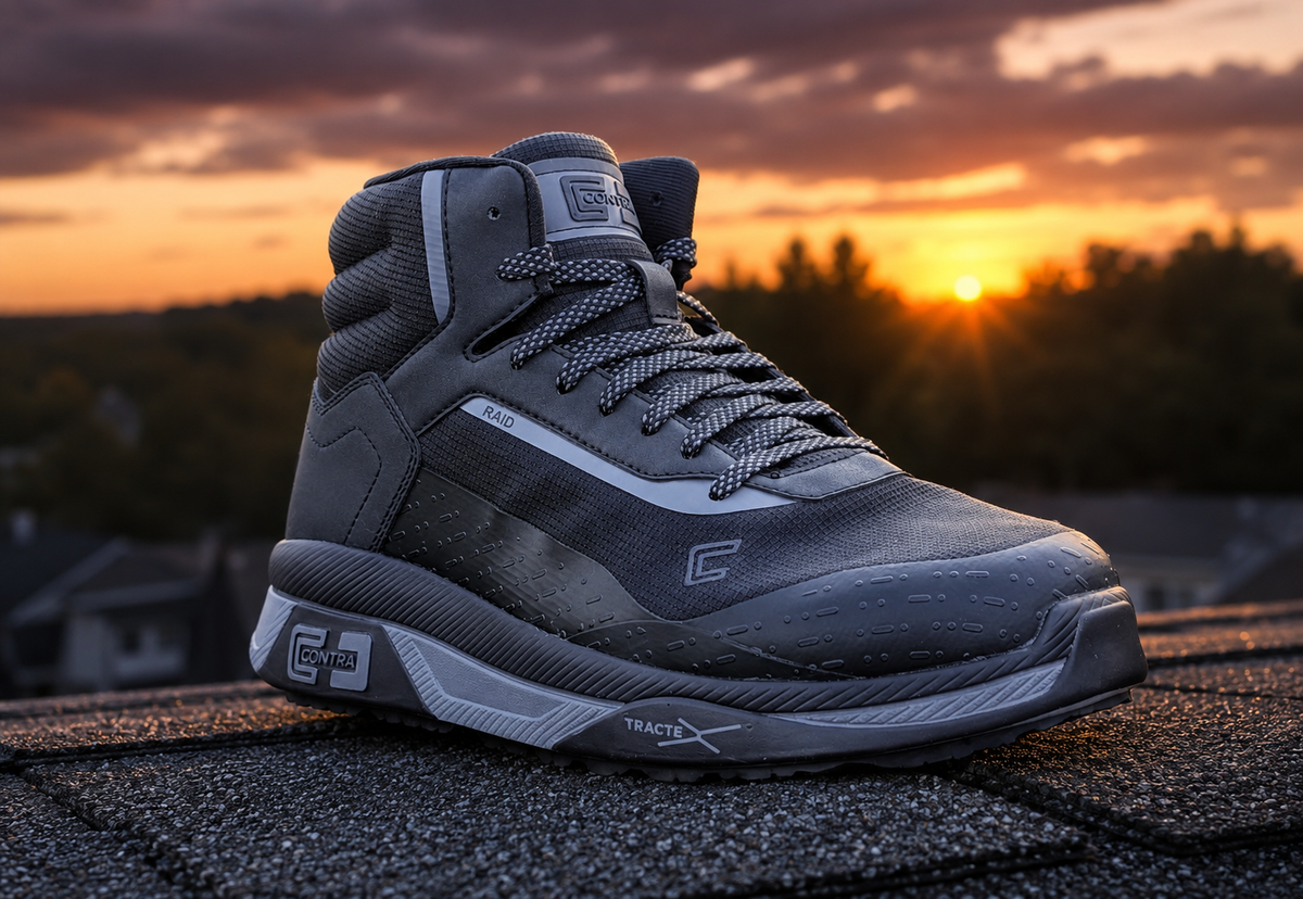 contra raid high top in black on roof against a sunset background
