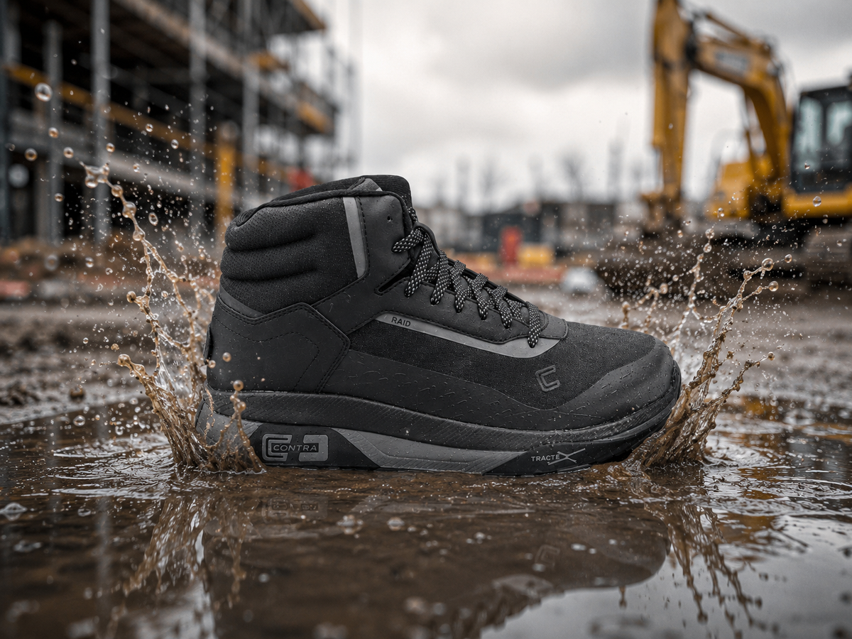 Contra raid black six inch boot in puddle with construction equipment in background