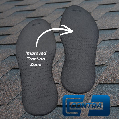 Outsole traction pad with improved traction zone on a roof shingle background, featuring the Contra brand.